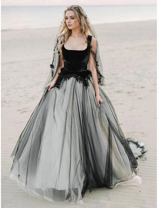 Beach Boho Black Wedding Dresses Ball Gown Square Neck Spaghetti Strap Sleeveless Court Train Lace Bridal Gowns