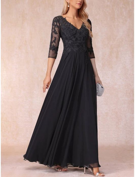 A-Line Mother of the Bride Dress Wedding Guest Elegant V Neck Floor Length Chiffon Lace 3/4 Length Sleeve