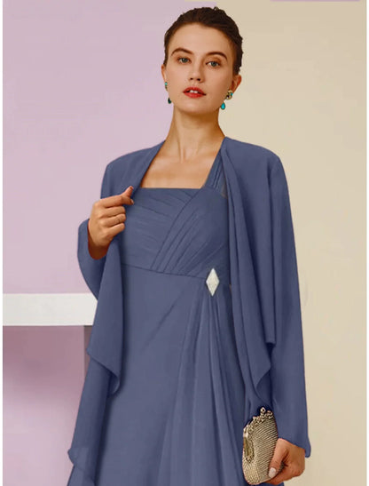 A-Line Mother of the Bride Dress Wedding Guest Elegant Square Neck Ankle Length Chiffon Long Sleeve with Crystal Brooch Ruching