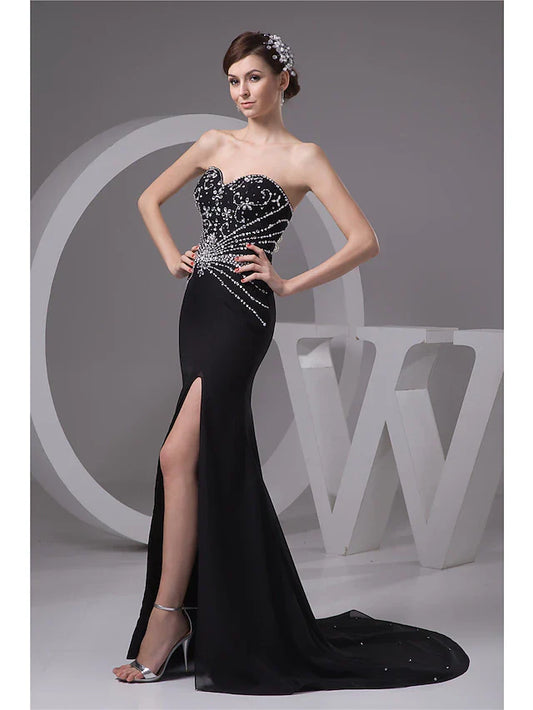 Evening Gown Sexy Dress Formal Evening Court Train Sleeveless Sweetheart Chiffon with Beading Slit