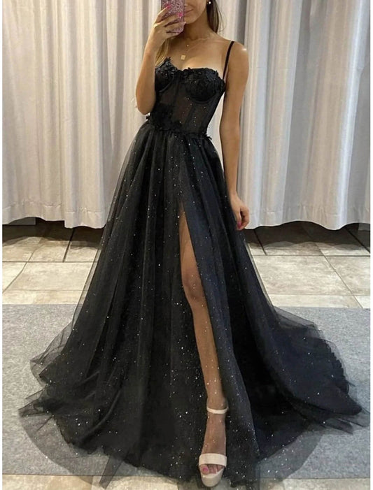 A-Line Evening Dresses Glitter Black Dress Wedding Dresses Formal Gothic Dress Floor Length Sleeveless Sweetheart Spaghetti Tulle