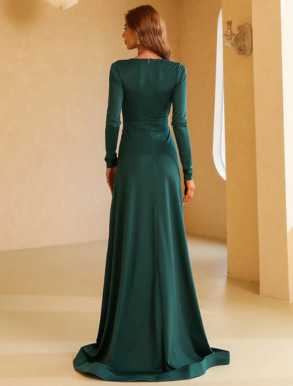 A-Line Evening Gown Elegant Dress Wedding Guest Engagement Sweep / Brush Train Long Sleeve V Neck Polyester with Slit Pure Color