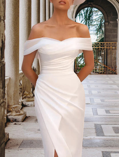 Hall Casual Wedding Dresses Sheath / Column Off Shoulder Cap Sleeve Court Train Satin Bridal Gowns