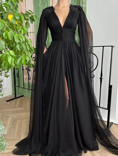 A-Line Evening Gown Black Dress Formal Masquerade Court Train Long Sleeve V Neck Wednesday Addams Family Chiffon