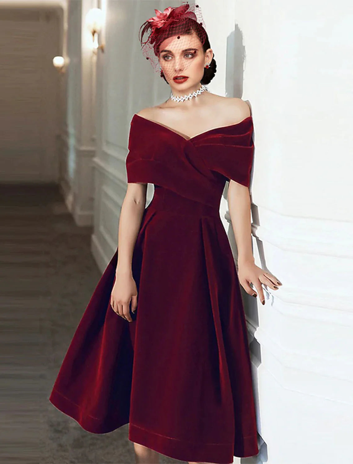 A-Line Cocktail Dresses 1950s Dress Fall Wedding Guest Dress Knee Length Short Sleeve Off Shoulder Velvet with Pleats Pure Color