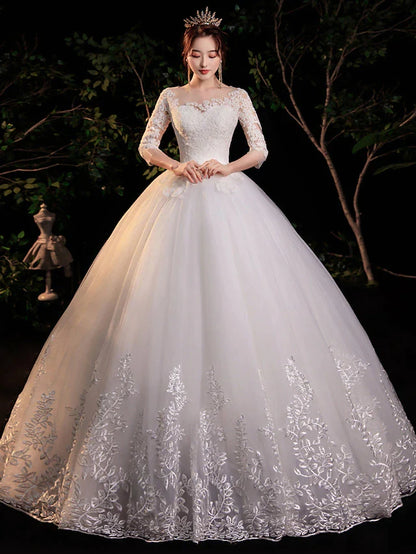 Engagement Formal Wedding Dresses Floor Length Ball Gown Half Sleeve Illusion Neck Lace With Appliques