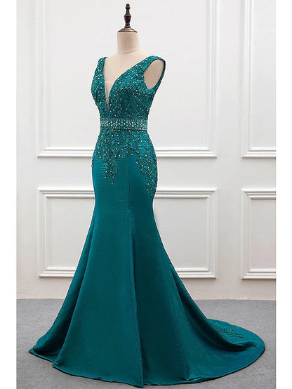 Evening Gown Sexy Dress Formal Court Train Sleeveless V Neck Taffeta with Pearls Embroidery