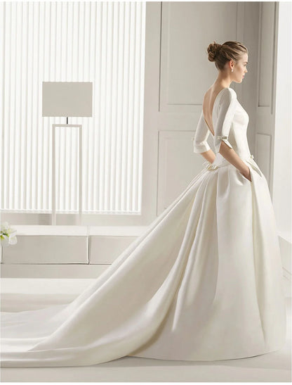 Engagement Formal Fall Wedding Dresses A-Line Scoop Neck Half Sleeve Court Train Satin Bridal Gowns With Bow(s) Pleats