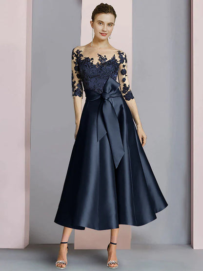 Sheath / Column Mother of the Bride Dress Party Elegant Scoop Neck Ankle Length Satin Lace Half Sleeve with Bow(s) Pleats