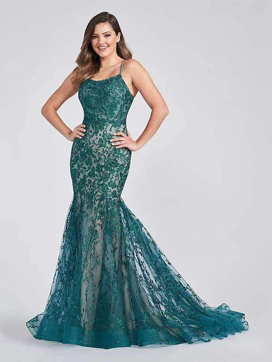 Evening Gown Color Block Dress Formal Court Train Sleeveless Spaghetti Strap Lace Backless with Appliques