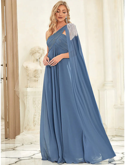 Evening Gown Empire Dress Wedding Guest Floor Length Sleeveless One Shoulder Chiffon