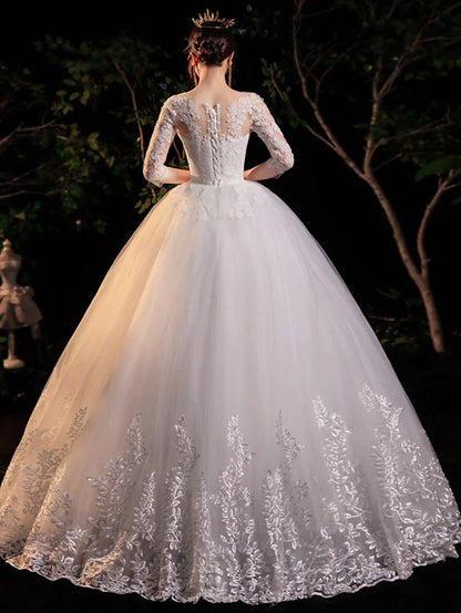 Engagement Formal Wedding Dresses Floor Length Ball Gown Half Sleeve Illusion Neck Lace With Appliques