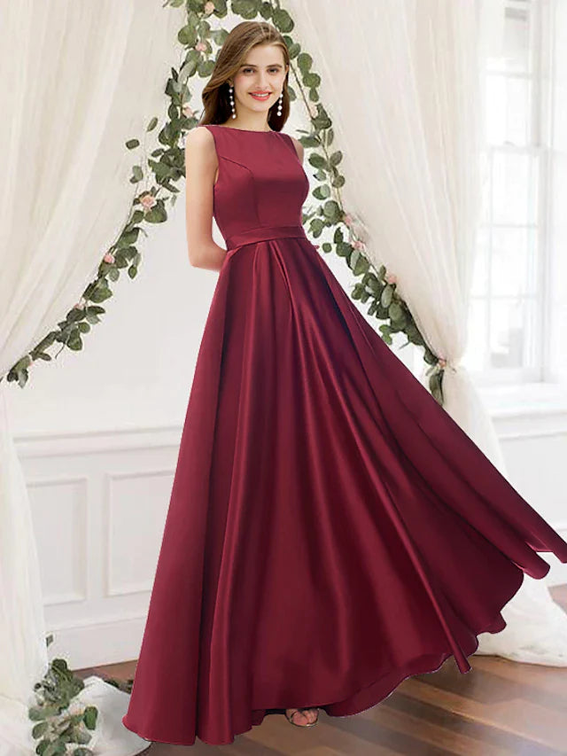 A-Line Bridesmaid Dress Jewel Neck Sleeveless Elegant Floor Length Charmeuse