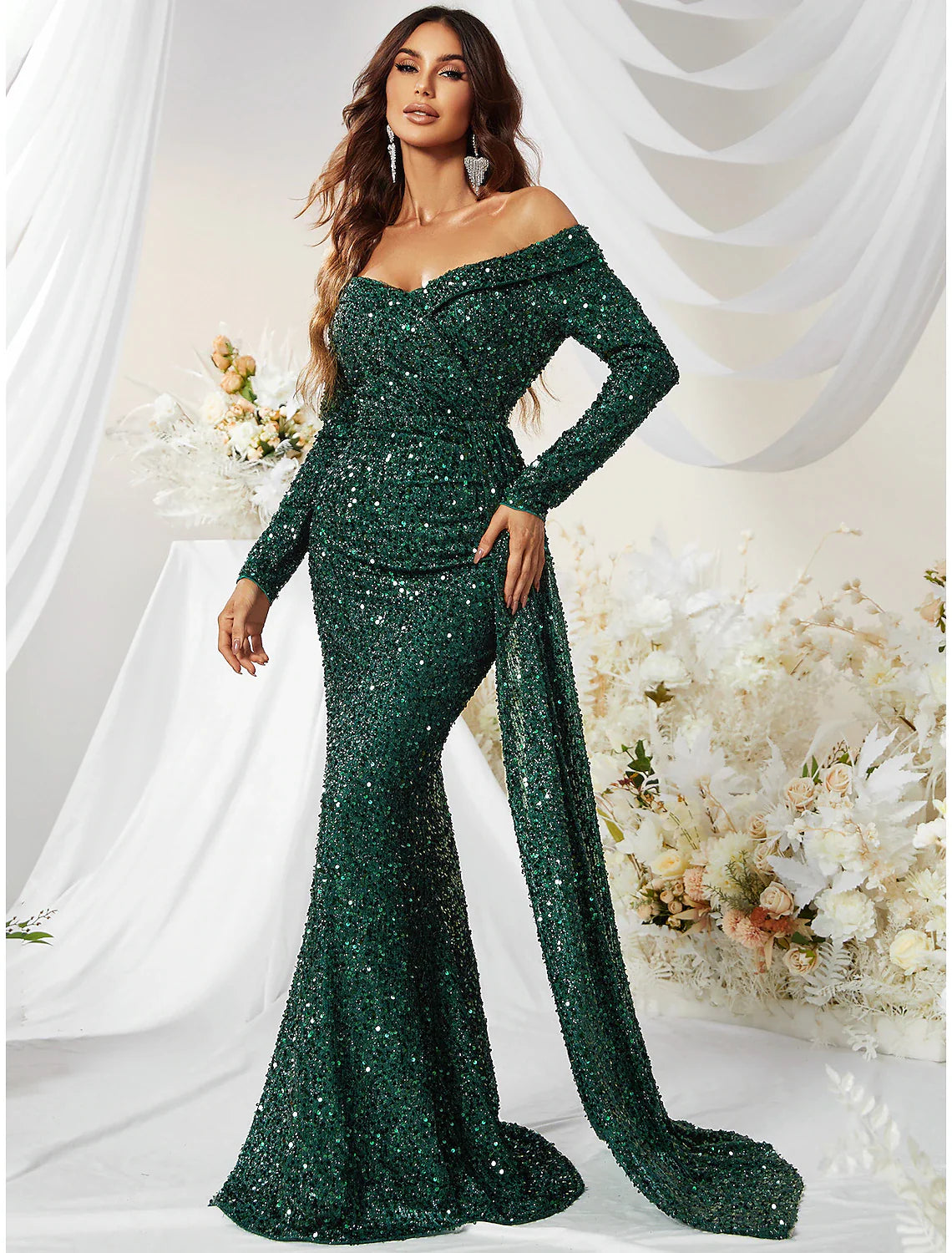 Evening Gown Sparkle & Shine Dress Formal Cocktail Party Sweep / Brush Train Long Sleeve Off Shoulder Polyester with Sequin