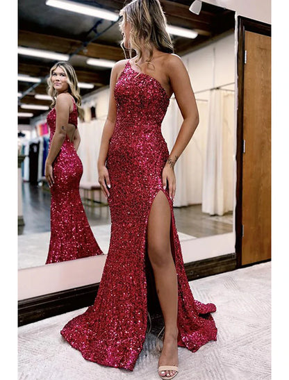 Prom Dresses Sparkle & Shine Dress Formal Wedding Party Court Train Sleeveless One Shoulder Sequined with Sequin Slit