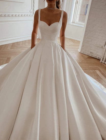 Royal Style Formal Wedding Dresses Ball Gown Square Neck Sleeveless Chapel Train Satin Bridal Gowns