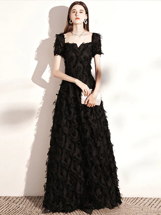 Evening Gown Minimalist Dress Wedding Guest Floor Length Short Sleeve Scoop Neck Nylon with Feather Pure Color