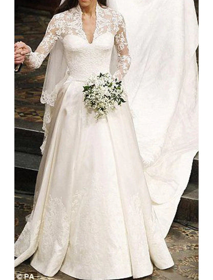 Engagement Formal Wedding Dresses A-Line Illusion Neck Long Sleeve Court Train Satin Bridal Gowns With Pleats Appliques