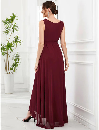 A-Line Wedding Guest Dresses Elegant Dress Party Wear Asymmetrical Sleeveless V Neck Chiffon with Ruffles Strappy