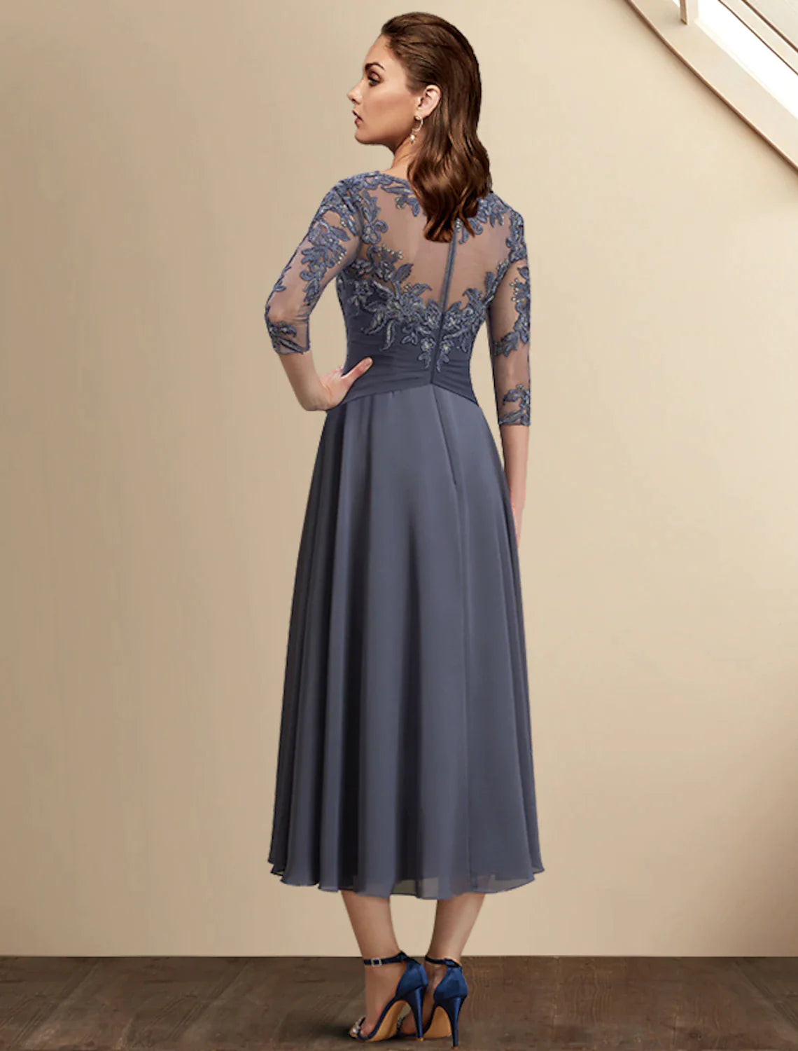 A-Line Mother of the Bride Dress Wedding Guest Plus Size Elegant High Low Jewel Neck Asymmetrical Tea Length Chiffon Lace 3/4 Length Sleeve with Sequin Appliques Fall