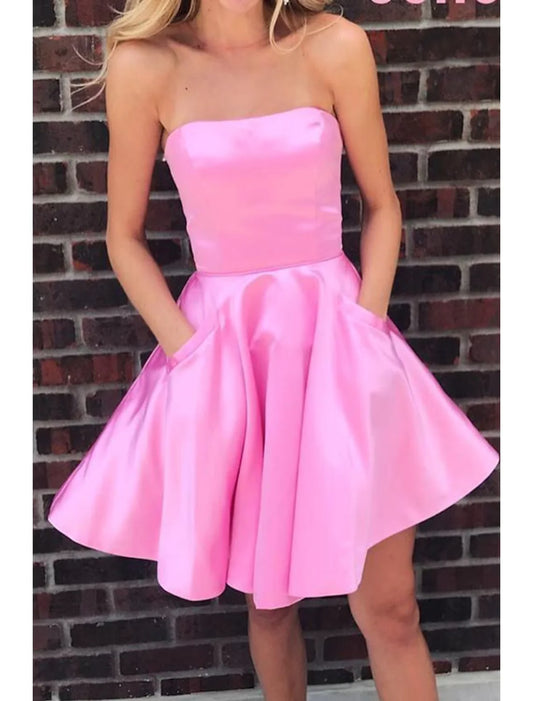 A-Line Hot Flirty Homecoming Cocktail Party Dress Strapless Sleeveless Short / Mini Satin