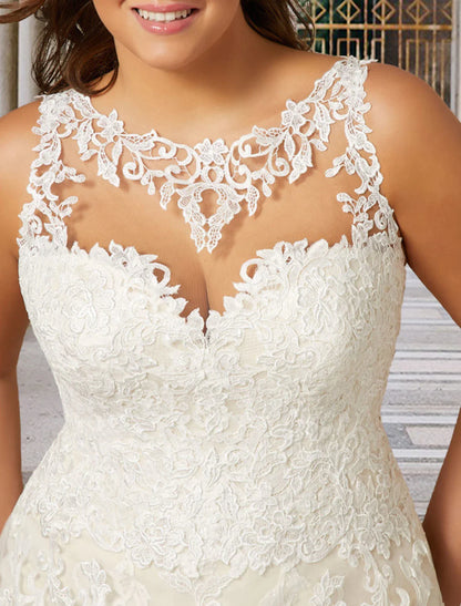 A-Line Plus Size Curve Wedding Dresses Luxurious Dress Formal Evening Court Train Sleeveless Jewel Neck Lace with Appliques