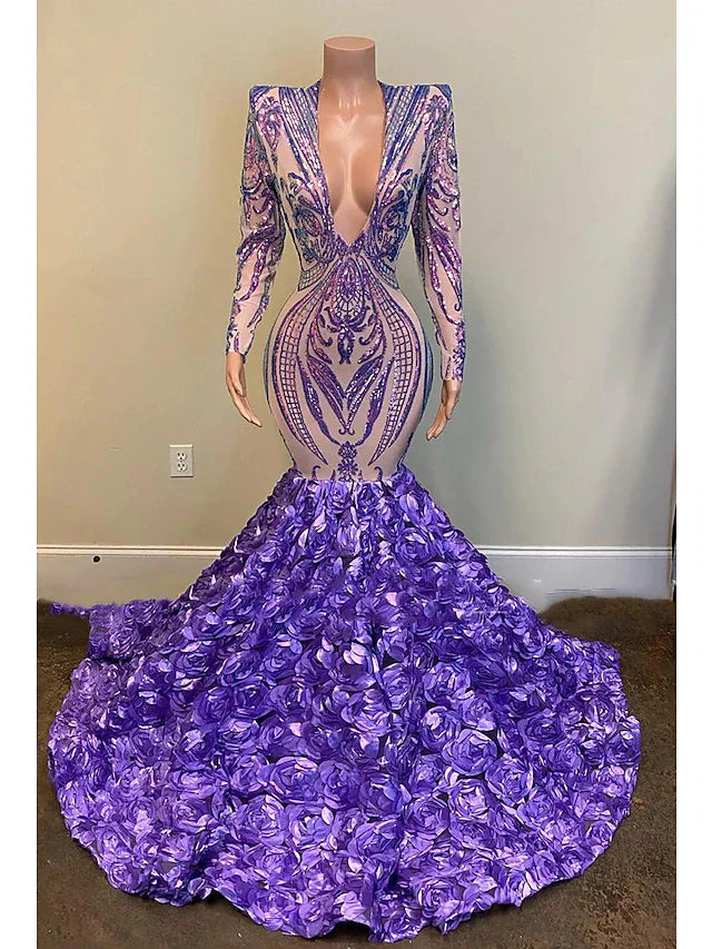 Evening Gown Floral Dress Formal Court Train Long Sleeve V Neck African American Sequined with Sequin