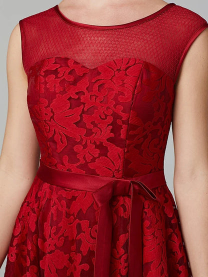 Cocktail Party Tea Length Sleeveless Illusion Neck All Over Floral Lace with Pleats
