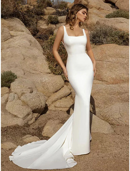 Beach Open Back Casual Wedding Dresses Court Train Mermaid / Trumpet Sleeveless Square Neck Crepe With Buttons Solid Color