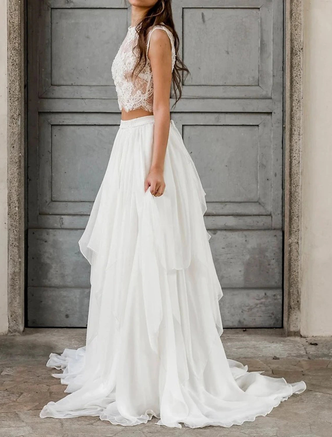 Boho Wedding Dresses Two Piece Scoop Neck Sleeveless Court Train Chiffon Bridal Suits Bridal Gowns