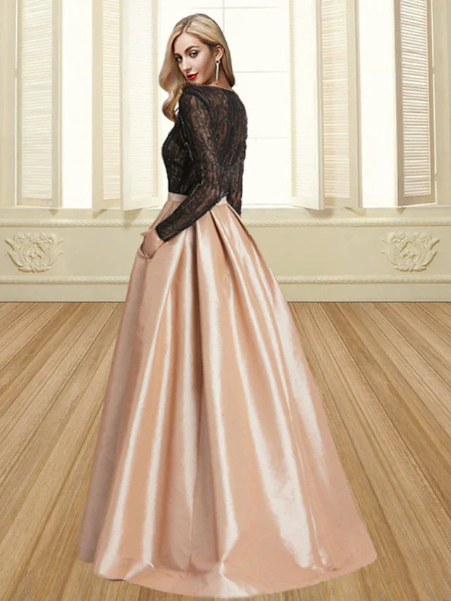 Evening Gown Color Block Dress Engagement Floor Length Long Sleeve Jewel Neck Satin with Pleats