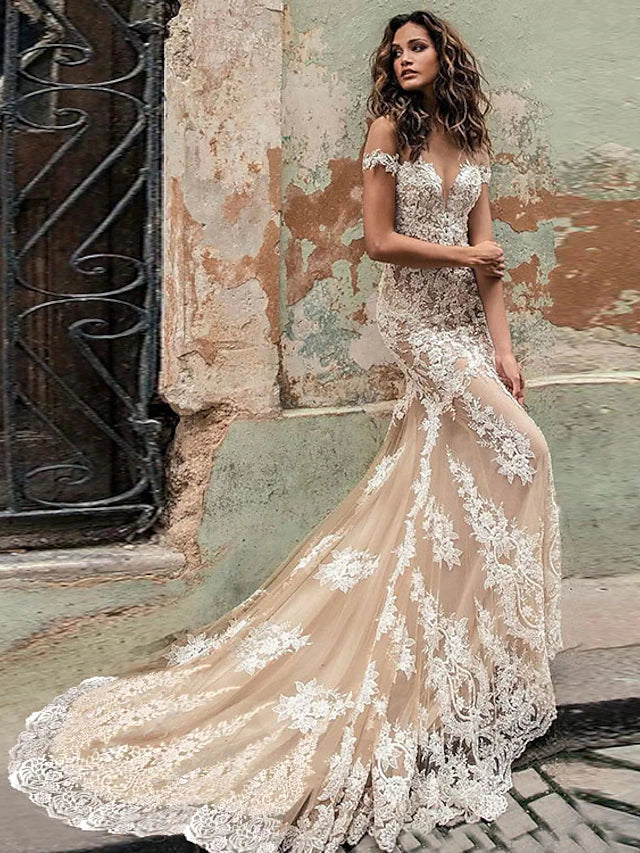 Wedding Dresses in Color Formal Wedding Dresses Court Train Mermaid / Trumpet Cap Sleeve Off Shoulder Lace With Appliques