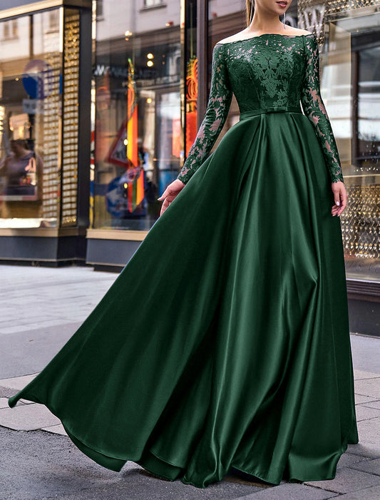 A-Line Evening Gown Party Dress Elegant Dress Wedding Guest Fall Floor Length Long Sleeve Off Shoulder Belt / Sash Satin