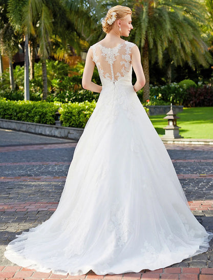 Wedding Dresses Ball Gown V Neck Regular Straps Floor Length Tulle Over Lace Bridal Gowns With Lace Appliques