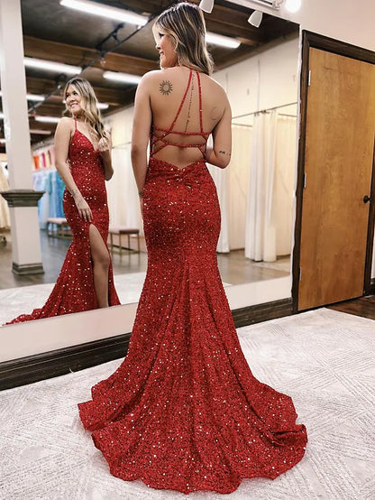 Mermaid / Trumpet Prom Dresses Sparkle & Shine Dress Formal Sweep / Brush Train Sleeveless V Neck Sequined Backless with Sequin Slit