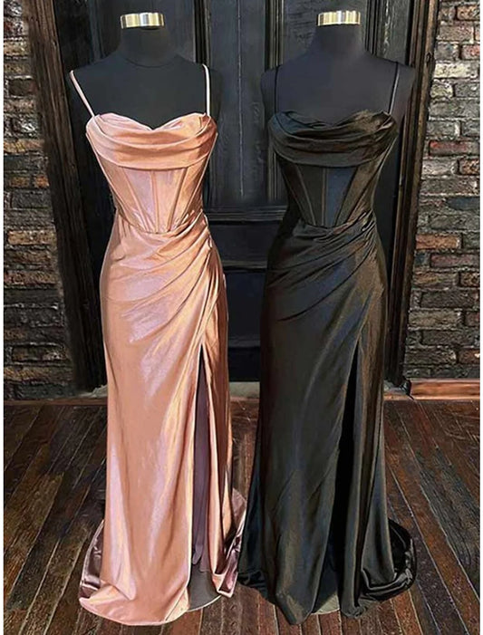 Evening Gown Corsets Dress Black Tie Floor Length Sleeveless Cowl Neck Bridesmaid Dress Satin Backless with Criss Cross Ruched Slit