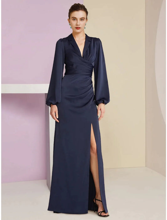 Sheath / Column Mother of the Bride Dress Wedding Guest Elegant V Neck Floor Length Satin Long Sleeve with Split Front Ruching