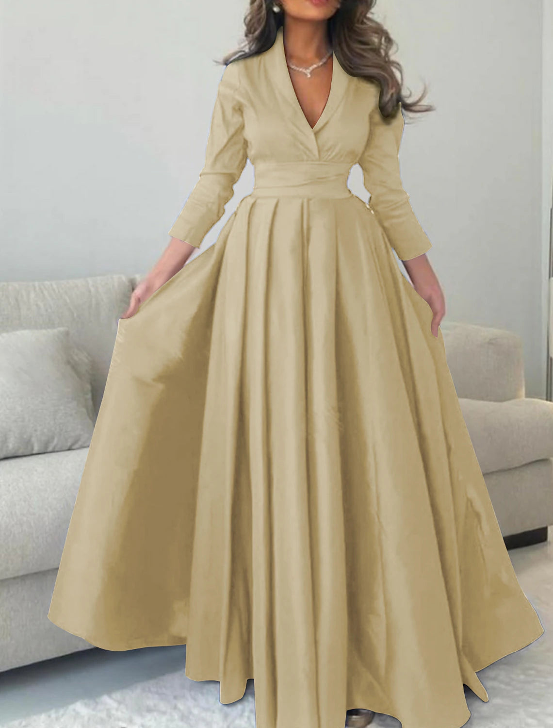 Satin A-Line Evening Gown Green Elegant Dress Formal Champagne Red Green Dress Floor Length 3/4 Length Sleeve V Neck