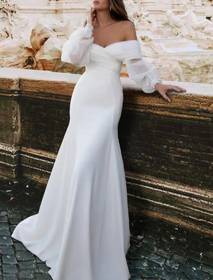 Reception Simple Wedding Dresses Mermaid / Trumpet Off Shoulder Long Sleeve Sweep / Brush Train Satin Bridal Gowns