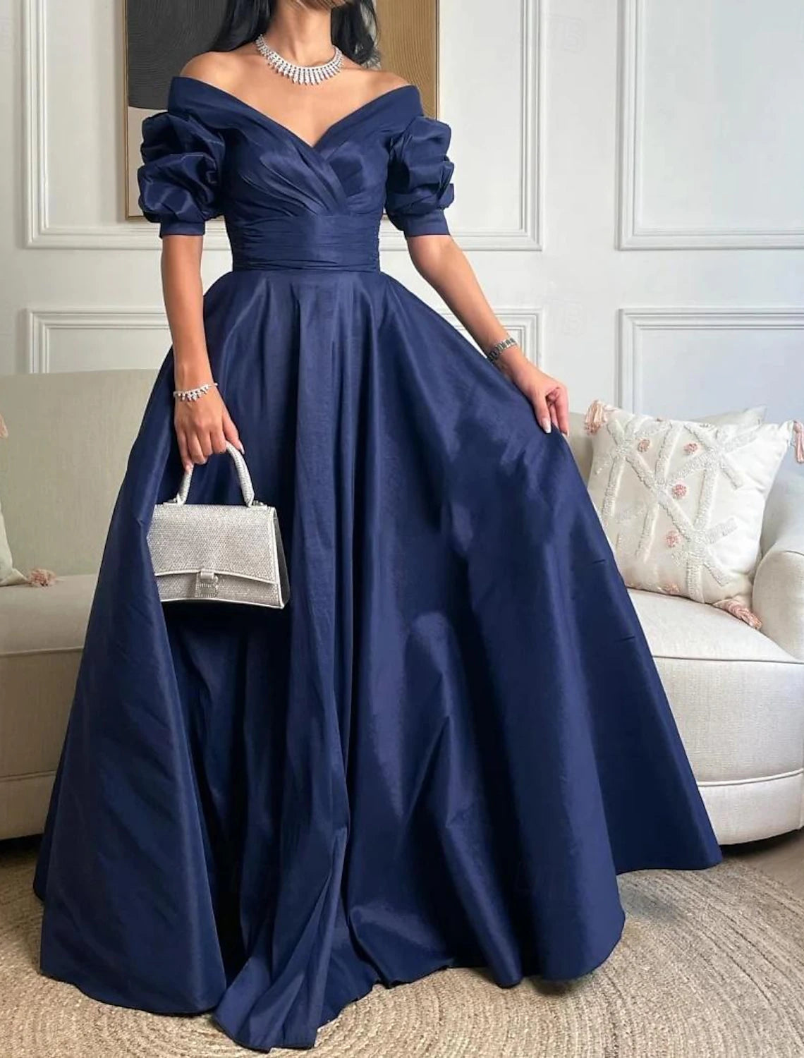 A-Line Evening Gown Elegant Dress Formal Prom Floor Length 3/4 Length Sleeve Sweetheart Satin