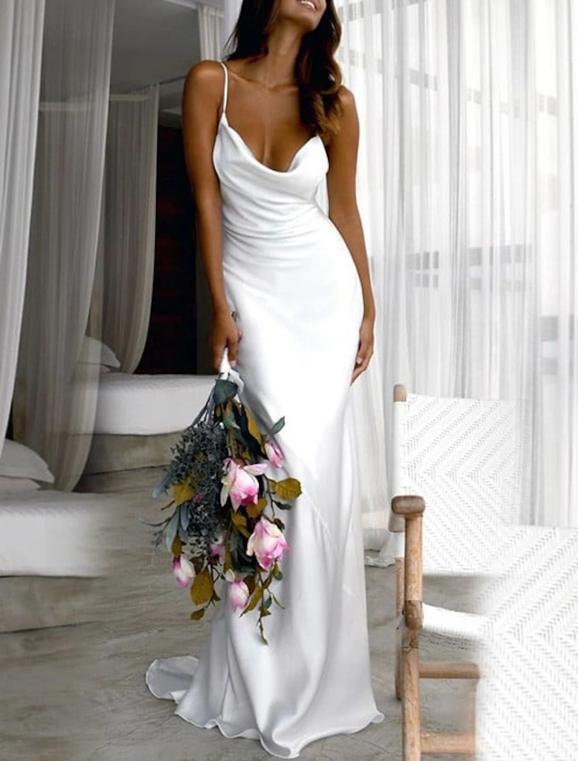 Beach Simple Wedding Dresses Sheath / Column Square Neck Camisole Spaghetti Strap Sweep / Brush Train Stretch Fabric Bridal Gowns