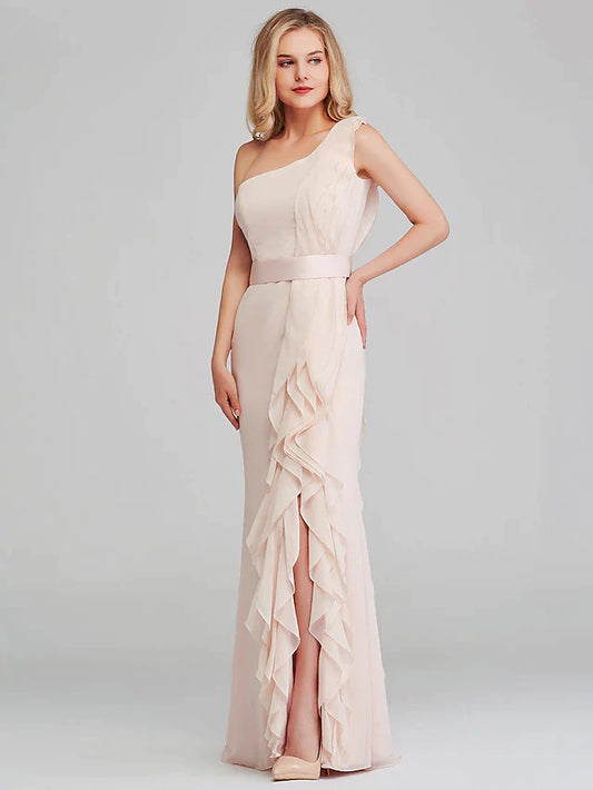 Sheath / Column Bridesmaid Dress One Shoulder Sleeveless Elegant Long Length Chiffon