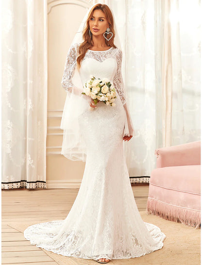 Beach Boho Wedding Dresses Sweep / Brush Train Mermaid / Trumpet Long Sleeve Illusion Neck Lace With Lace