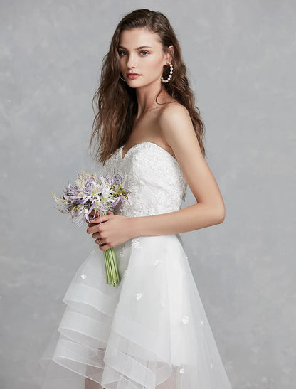 Reception Little White Dresses Wedding Dresses A-Line Sweetheart Strapless Asymmetrical Lace Bridal Gowns With Appliques