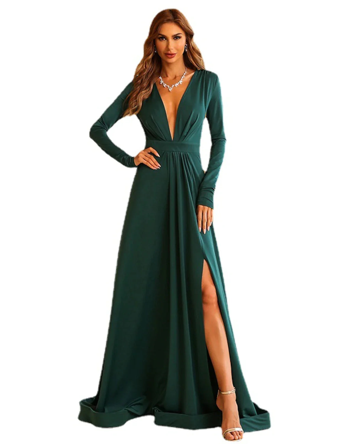 A-Line Evening Gown Elegant Dress Wedding Guest Engagement Sweep / Brush Train Long Sleeve V Neck Polyester with Slit Pure Color