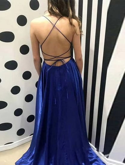 Evening Gown Sexy Dress Formal Wedding Guest Sweep / Brush Train Sleeveless Spaghetti Strap Charmeuse with Slit