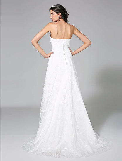 Wedding Dresses A-Line Sweetheart Sleeveless Sweep / Brush Train Lace Bridal Gowns With Sash / Ribbon Side-Draped