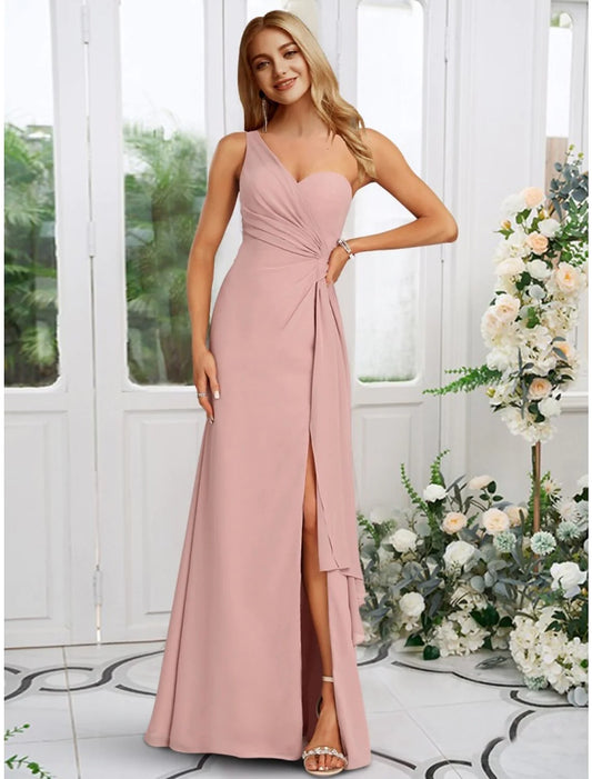 A-Line Bridesmaid Dress One Shoulder Sleeveless Elegant Floor Length Chiffon with Split Front / Ruching