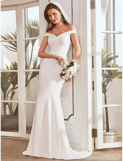 Reception Casual Wedding Dresses Mermaid / Trumpet Off Shoulder Cap Sleeve Sweep / Brush Train Bridal Gowns With Pleats Draping