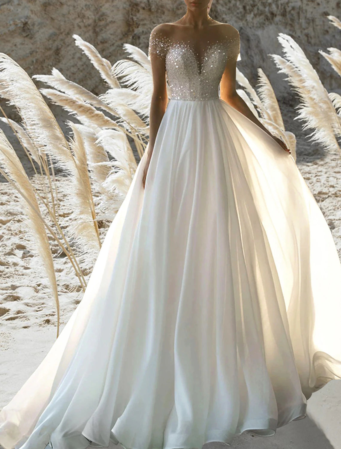 Beach Formal Wedding Dresses A-Line Off Shoulder Short Sleeve Court Train Chiffon Bridal Gowns